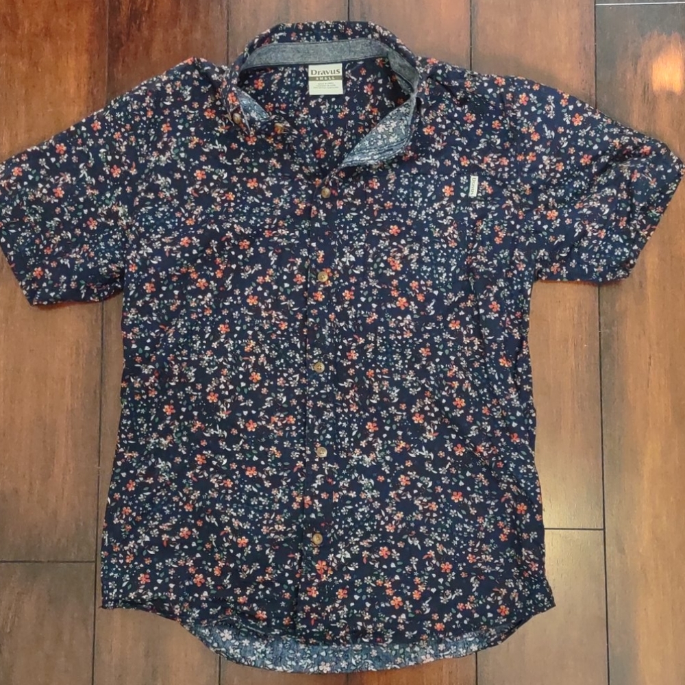 Navy Blue Floral Short Sleeved Collared Button Up